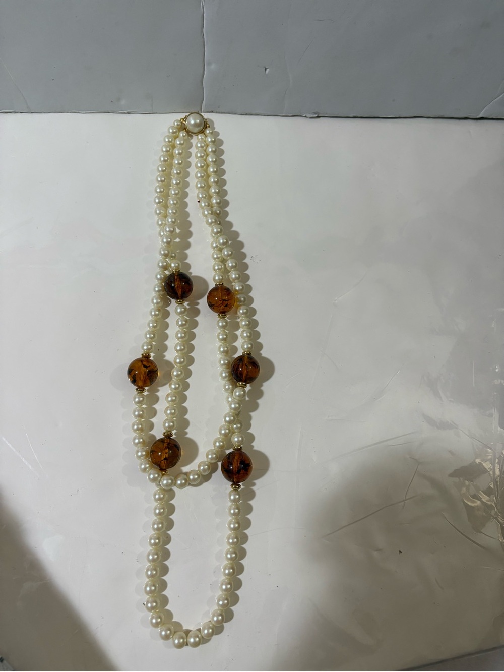 Pearl and Amber style Bead Long Necklace - Cream and Brown